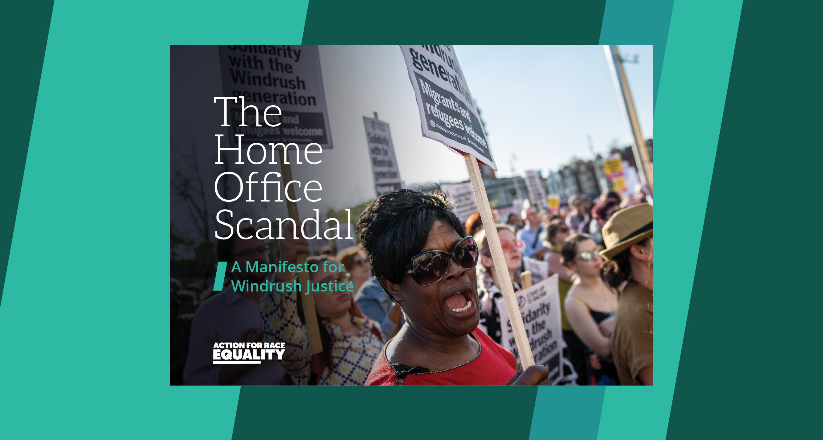 The Home Office Scandal front cover of the brochure featuring a black woman protesting for the Windrush Generation. Image copyright: Getty Images