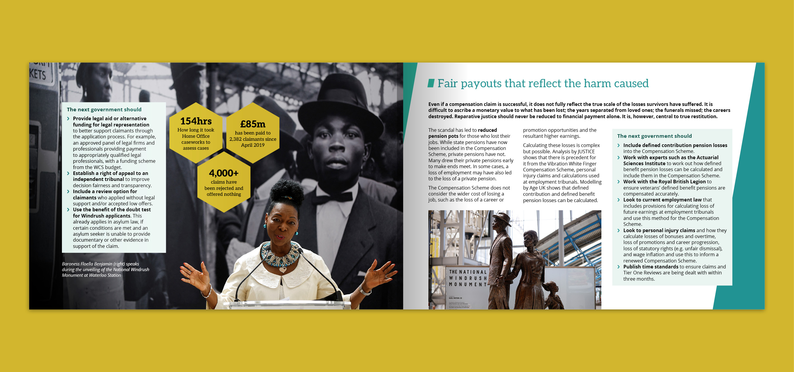 Two page spread on the home office scandal brochure from Action for Race Equality featuring Floella Benjamin talking at Waterloo Station near the Windrush Memorial. Image copyright: Getty Images