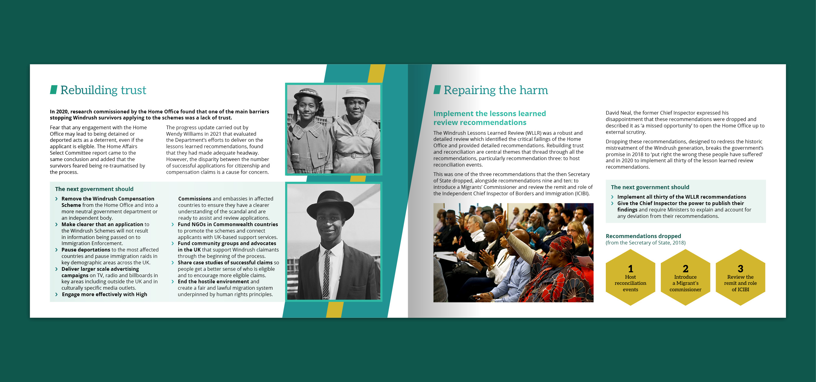 Two page spread of the Manifesto detailing information about building trust and repairing the harm